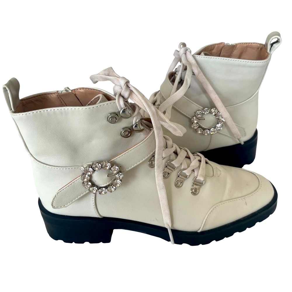 Nanette Lepore White Faux Leather Combat Boots with Jewels. Size 8.5
